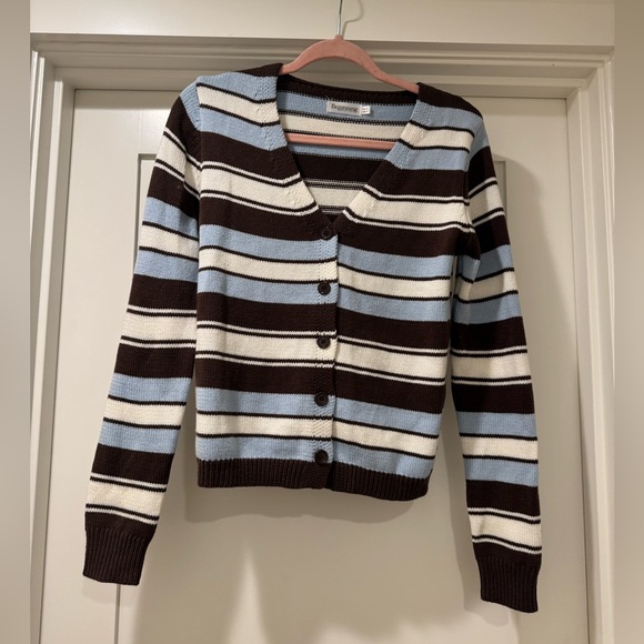 beginning boutique brown, blue, & white striped cardigan - Picture 8 of 10
